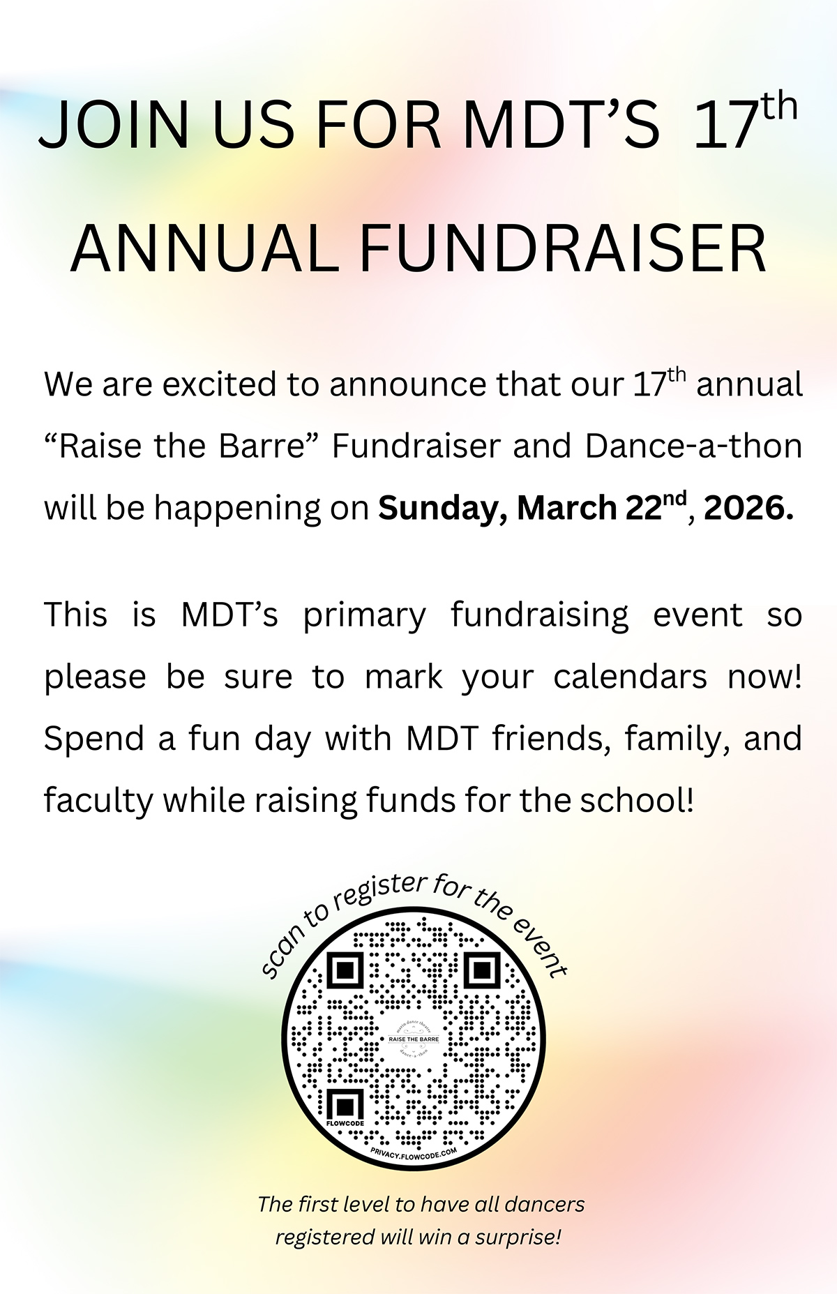 Raise the Barre 2026 Registration poster with QR code