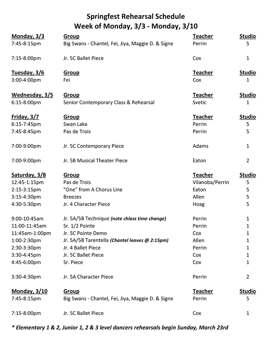 Springfest Rehearsal Schedule