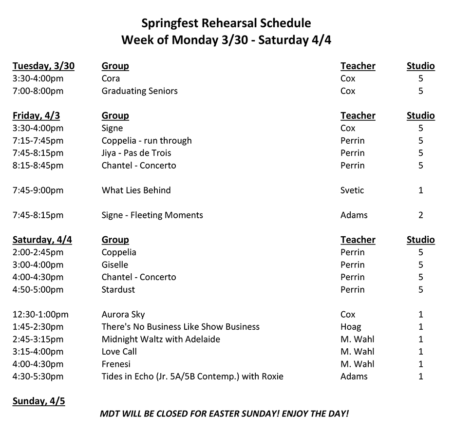 Springfest Rehearsal Schedule
